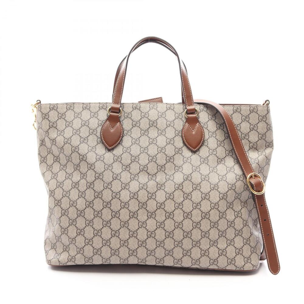 Gucci GG Supreme Tote Bag Canvas Leather Beige Brown